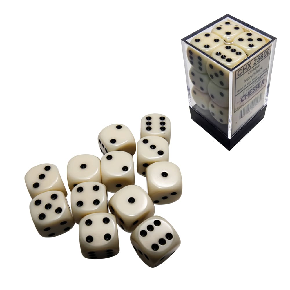 Set di dadi classici 6 facce Chessex Opachi Ivory black 16mm 12 pezzi