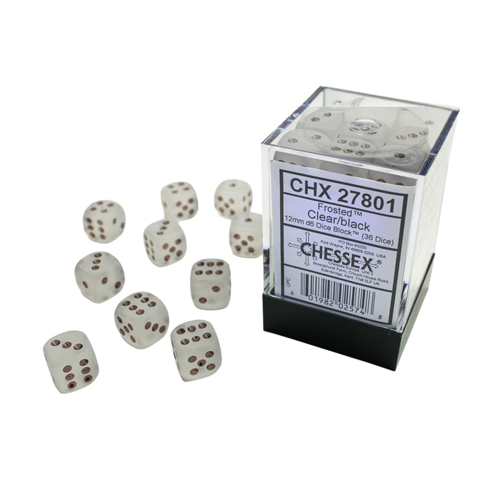Set di dadi classici 6 facce Chessex Frosted Clear black 12mm 36 pezzi