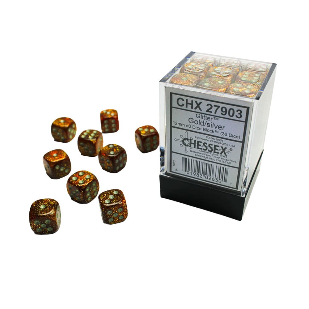 Set di dadi classici 6 facce Chessex Glitter Gold Silver 12mm 36 pezzi