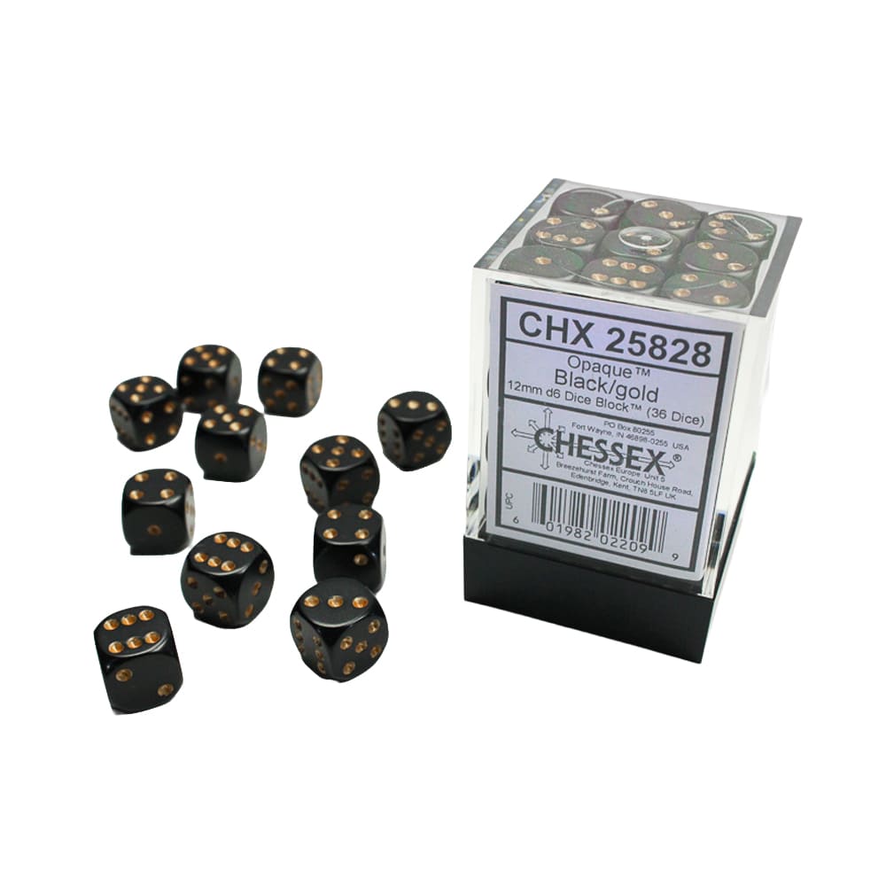 Set di dadi classici 6 facce Chessex Opachi Black gold 12mm 36 pezzi
