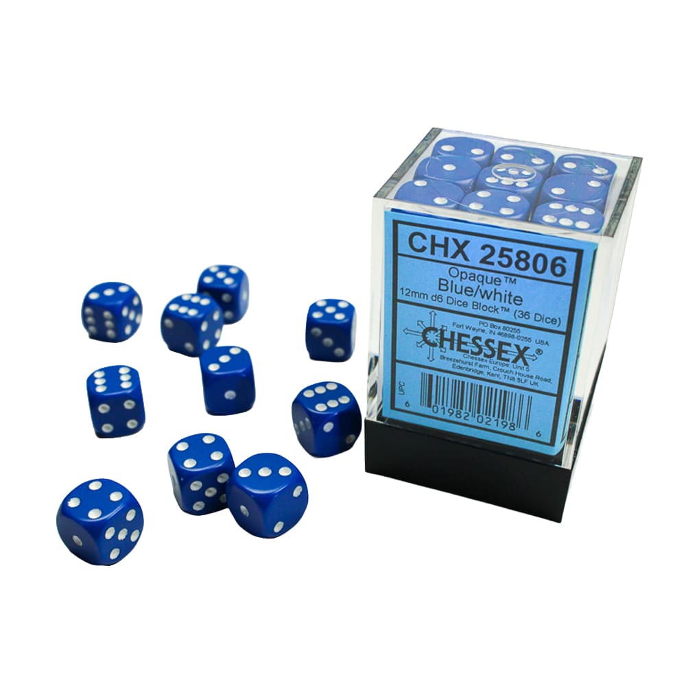 Set di dadi classici 6 facce Chessex Opachi Blue white 12mm 36 pezzi