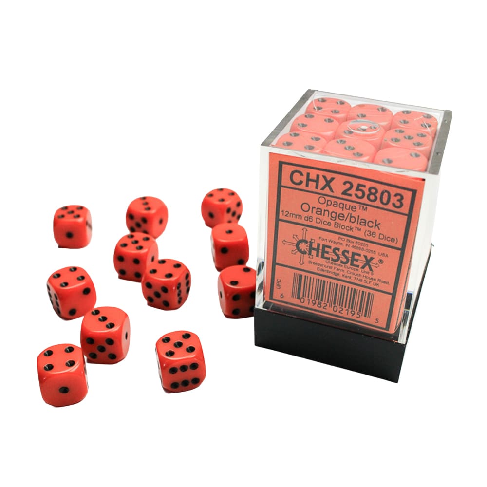 Set di dadi classici 6 facce Chessex Opachi Orange black 12mm 36 pezzi