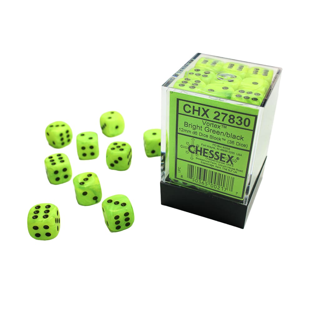 Set di dadi classici 6 facce Chessex Vortex Bright Green black 12mm 36 pezzi