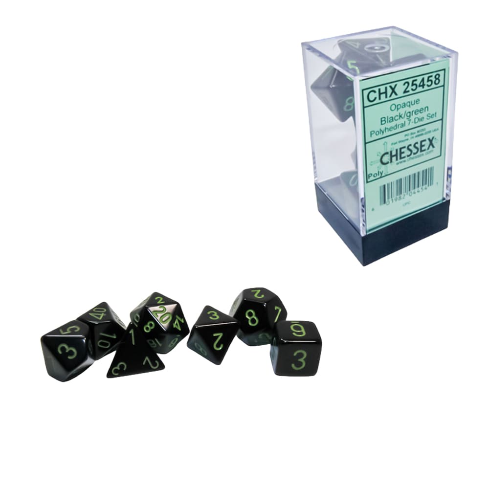 Set di dadi per RPG Chessex Opachi Black Green 7 pezzi
