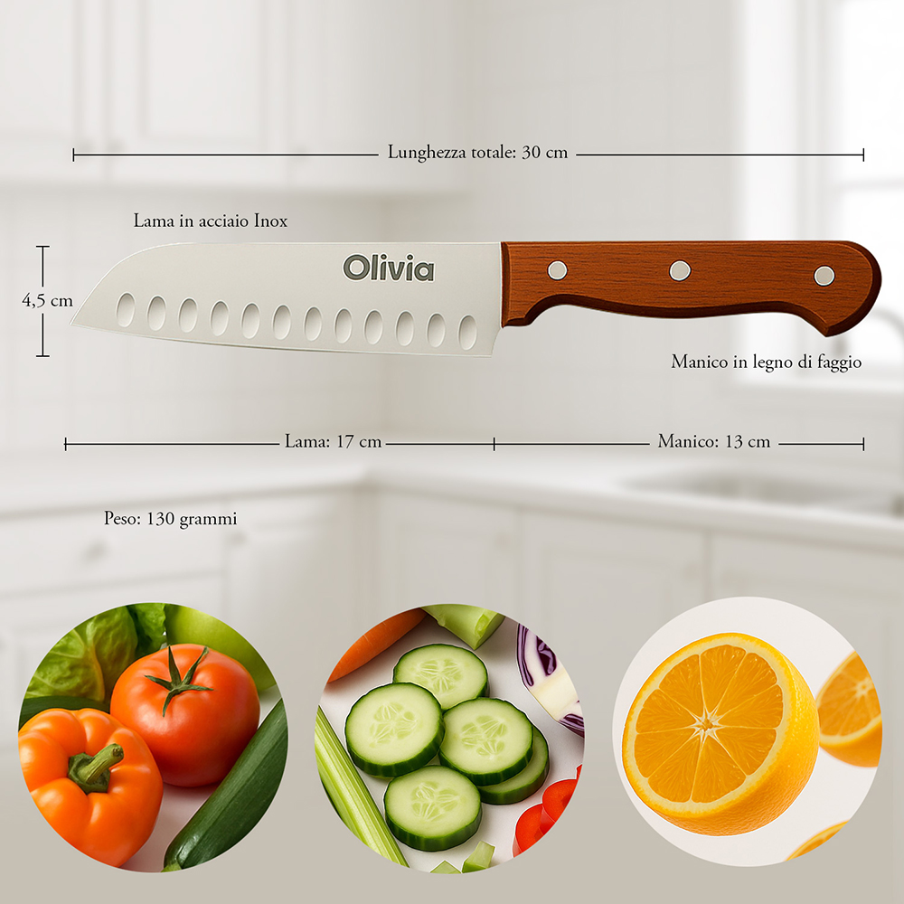 Coltello da chef in acciaio inox lama da 17cm manico in legno di Faggio - immagine 4