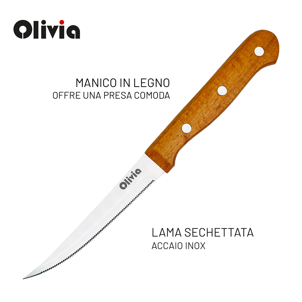 Coltello Bistecca seghettato 22x1,7cm in Acciaio Inox manico in legno di Faggio