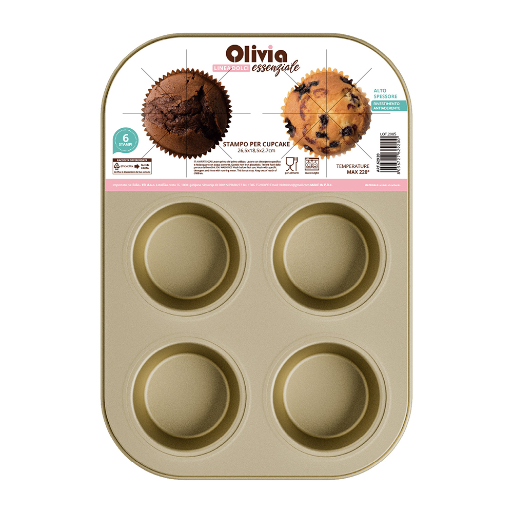 Stampo Cupcake 6 posti 26,5x18,5x2,7cm antiaderente in acciaio al carbonio 3 pezzi