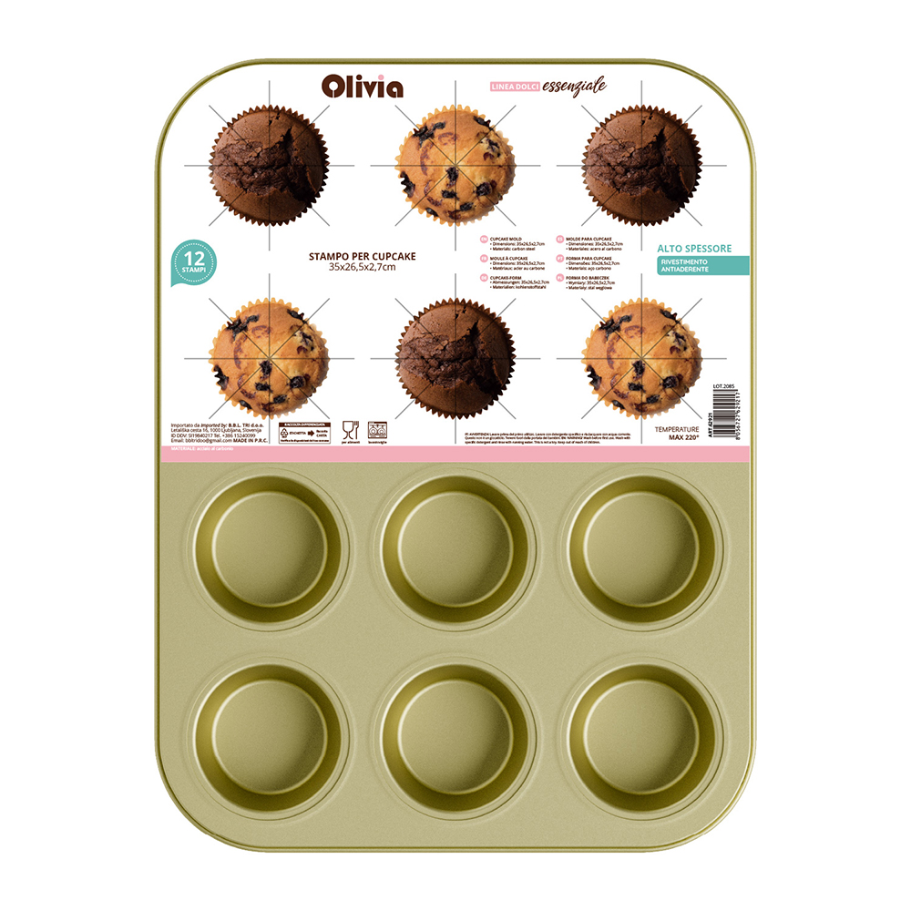 Stampo Cupcake e muffin 12 posti antiaderente 35x26,5x2,7cm acciaio al carbonio 12 pezzi