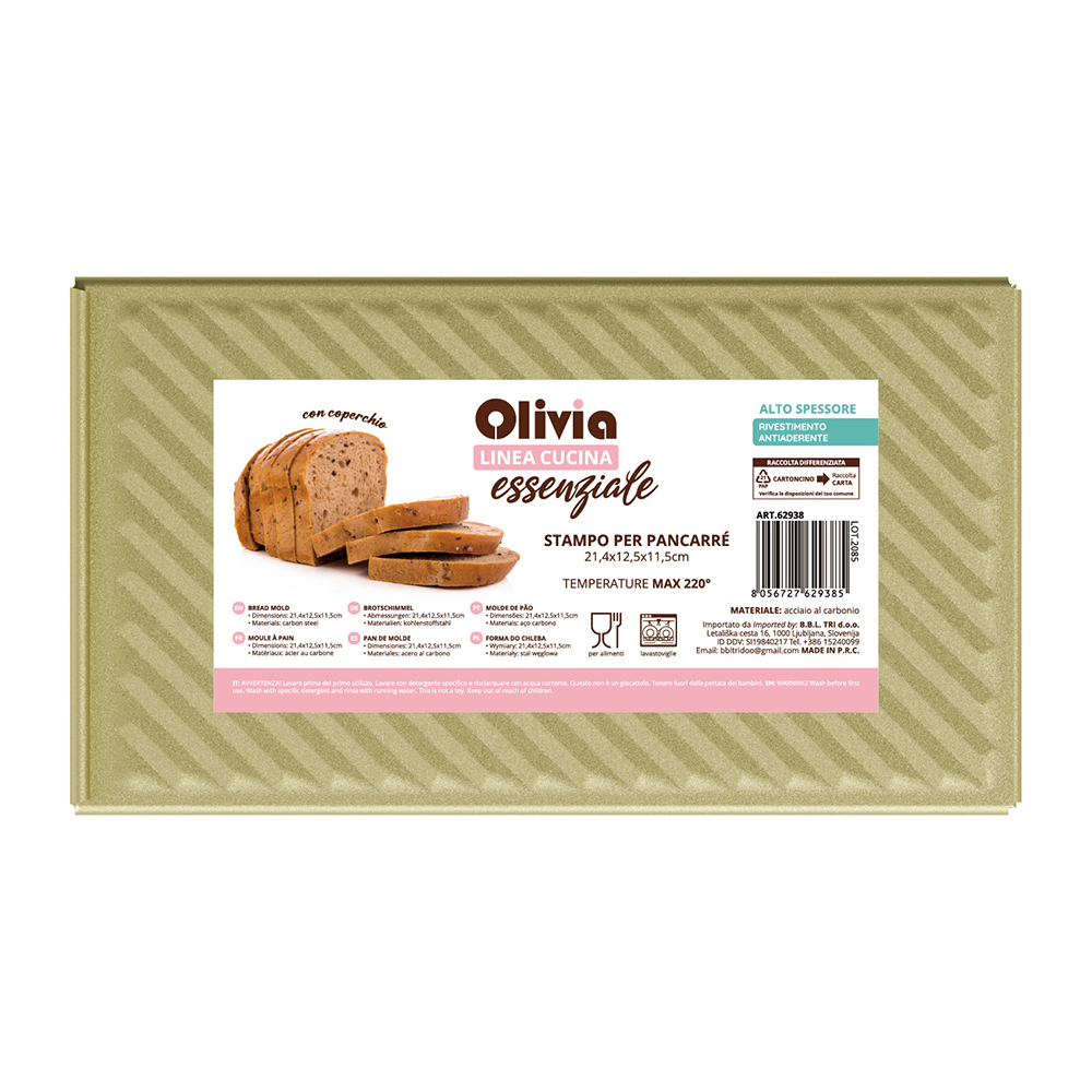 Stampo pane in cassetta con coperchio antiaderente 21,4x12,5x11,5cm in acciaio al carbonio