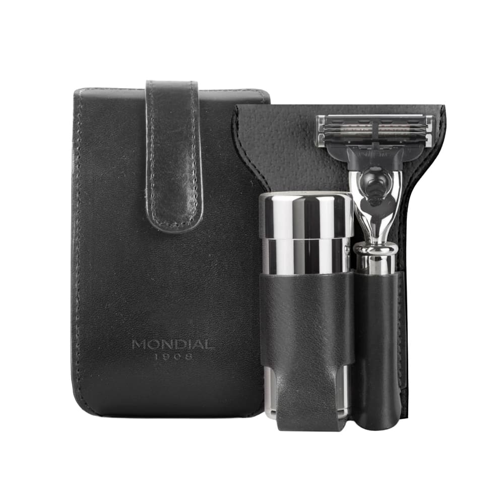Mondial set da barba da viaggio con pennello EcoSilvertip rasoio e custodia in pelle nera