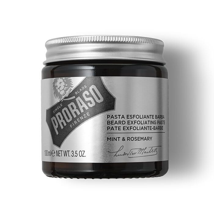 Proraso exfoliating beard paste in a glass jar mint and rosemary 100ml