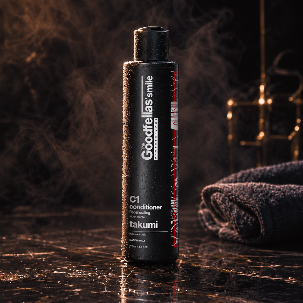 The Goodfellas’ smile condizionatore rigenerante C1 Takumi 250ml - flacone sul piano del bagno